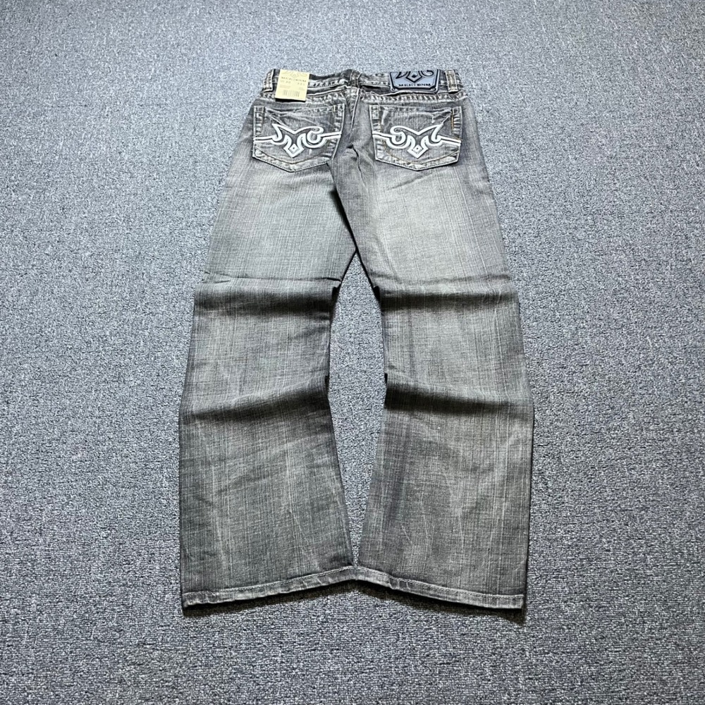 Mek Denim Milton T2 Straight Jeans 30x32 Gray Distressed Embroidered Y2K NWT